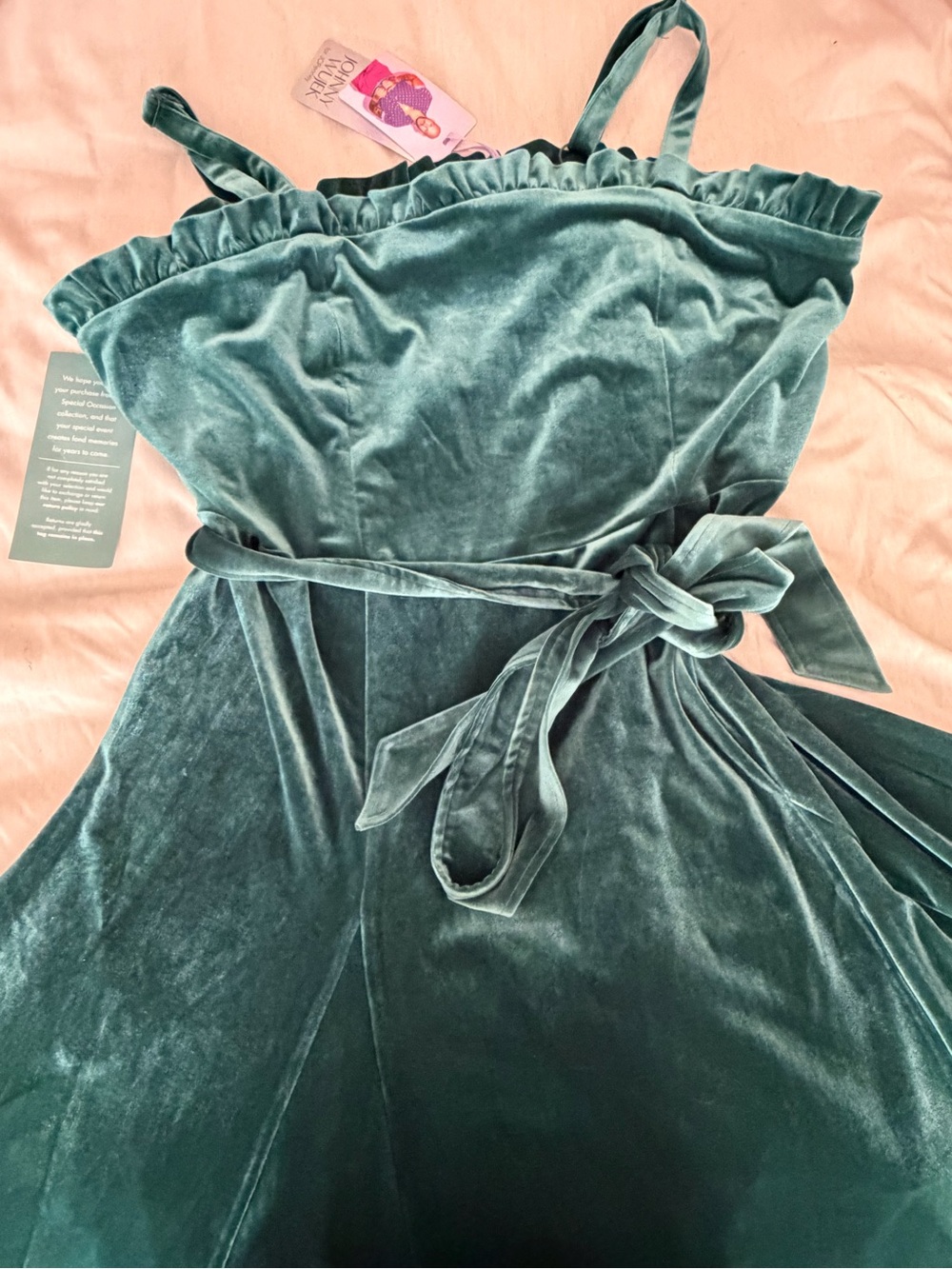 NWT Johnny Wujek Velvet Ruffle-Trim Mini Dress in Emerald green with Waist Tie